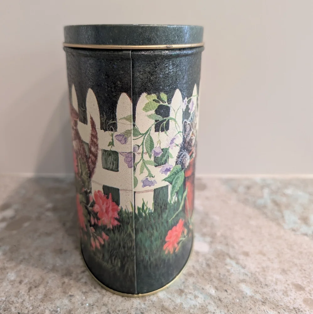 Vintage Oval Tin with Kittens Flowers and Pots